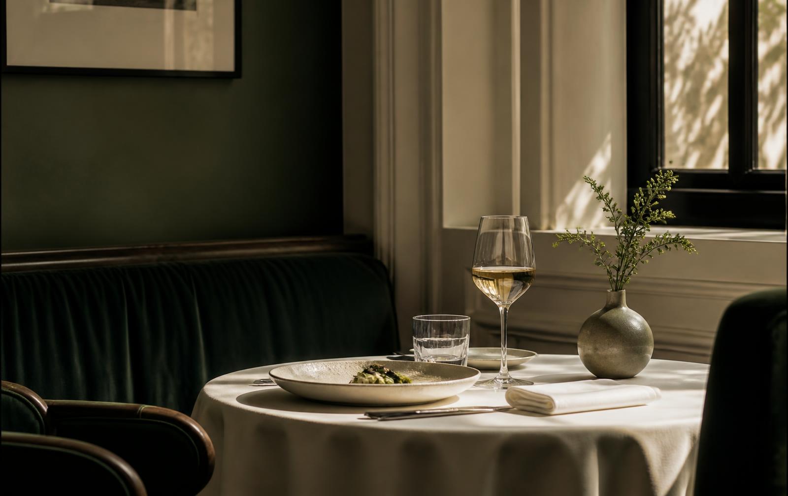 Set table in soft window light in a restaurant with deep green walls